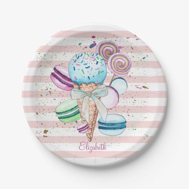 Aquarelleis, Macaroons, rosa Streifen Pappteller (Vorderseite)
