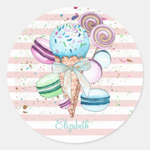 Aquarelleis, Macaroons, rosa Streifen Runder Aufkleber