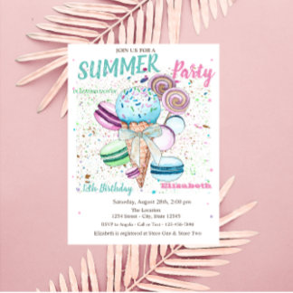 Aquarelleis Makaroons Sommer Geburtstag Einladung
