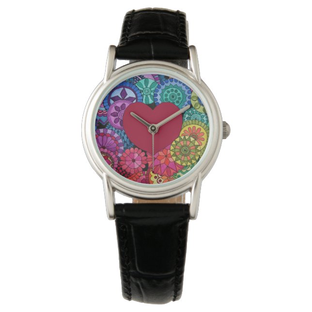 Aquarellenbogen Mandala mit Herz Armbanduhr (Vorderseite)