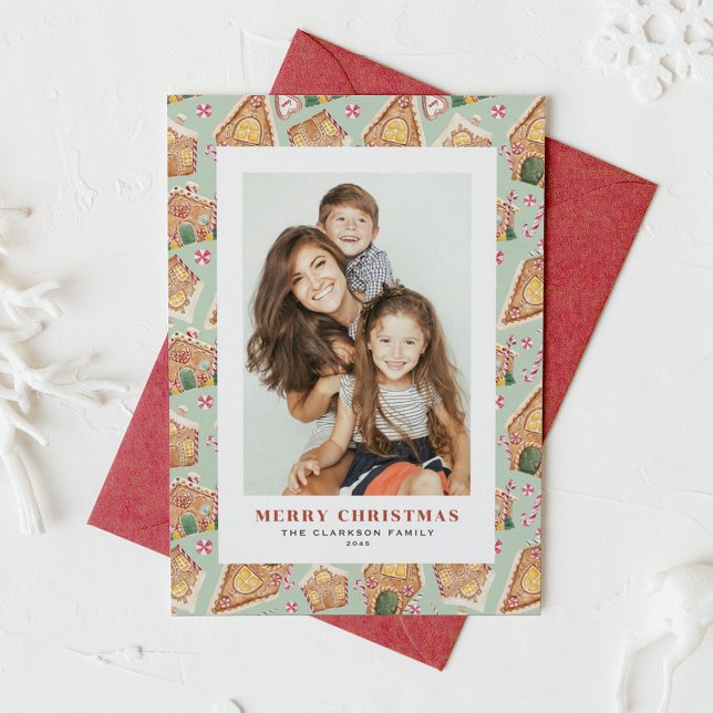 Aquarellenhäuser Foto Weihnachten (Festive Gingerbread House Mint Photo Christmas Holiday Card)