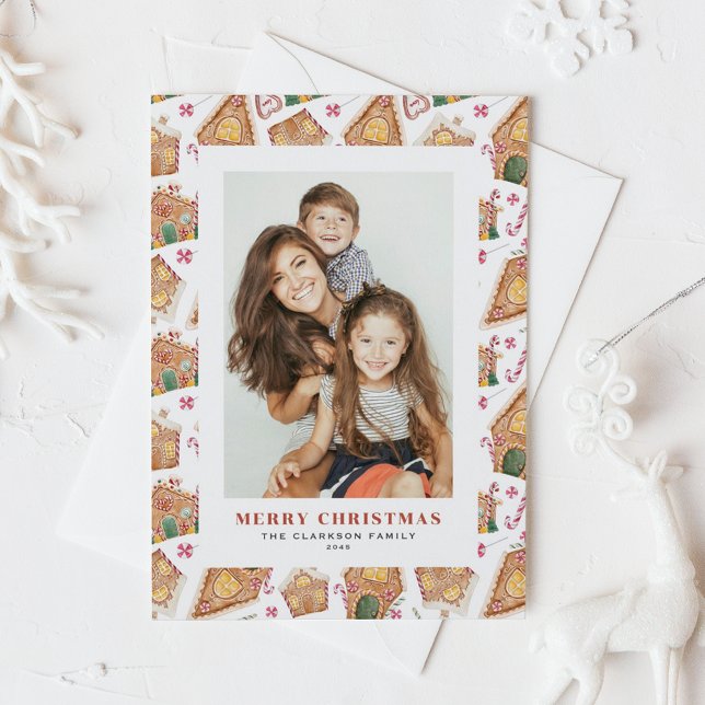 Aquarellenhäuser Foto Weihnachten (Festive Gingerbread House White Photo Christmas Holiday Postcard)