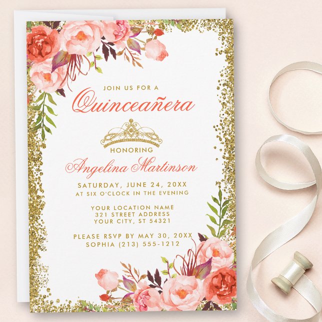 Aquarellenkoralle Glitzer Goldmedaille Quinceanera Einladung (Customize to change text color, style or add text & photos to back of card.)
