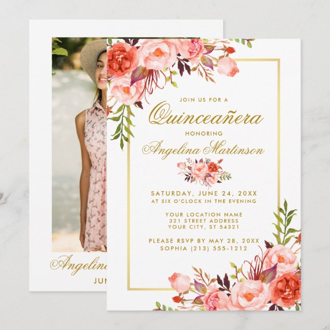 Aquarellenkoralle Quinceanera Gold Foto Einladung (Vorne/Hinten)