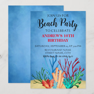 Aquarellenkorallen Blau Beach Party Einladung