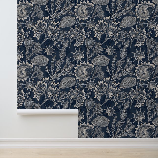 Aquarellenkorallen Seashells Dark Blue Coastal Tapete (Anwendung)