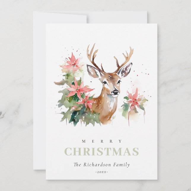 Aquarellenredeer Poinsettia Weihnachtsfolien Feiertagskarte (Vorderseite)