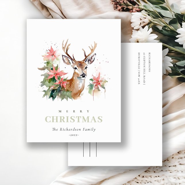 Aquarellenredeer Poinsettia Weihnachtsfolien Feiertagspostkarte (Von Creator hochgeladen)
