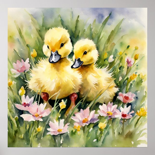 Aquarellente in Wildblume Wiese Poster (Vorne)