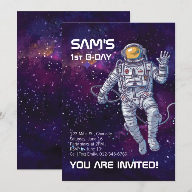 Aquareller Astronaut im Weltraum mit Sternen & Gal Einladung (Vorne/Hinten)