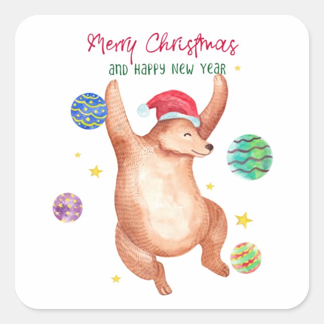 Aquareller Bärentanz mit Ornamenten Weihnachten Quadratischer Aufkleber (Vorderseite)