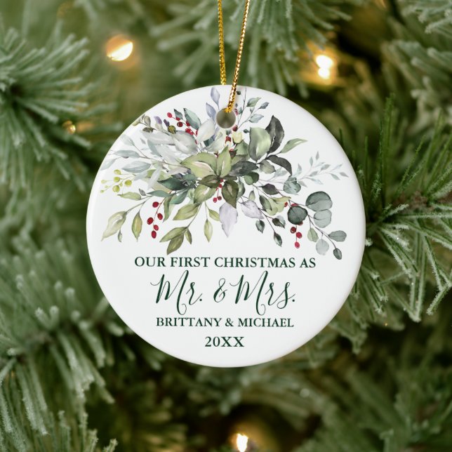 Aquareller Berries Unser erstes Weihnachtsfest Keramik Ornament (Baum)