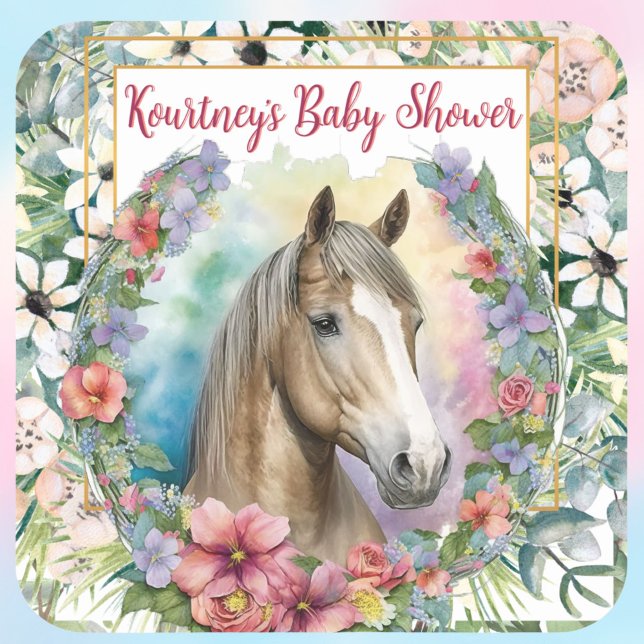Aquareller Bläserspferd Kinderdusche Quadratischer Aufkleber (Baby shower horse sticker with flowers all around.)
