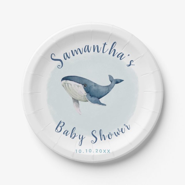 Aquareller Blue Whale Niedlich Boy's Baby Shower Pappteller (Vorderseite)