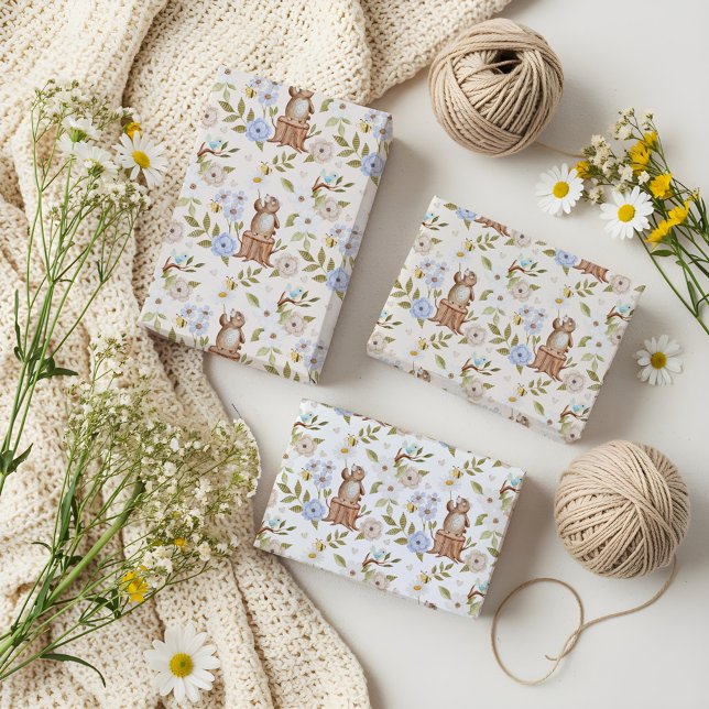 Aquareller Blumenwald Gewirbelbär Geschenkpapier Set (Watercolor Floral Woodland Forest Knitted Bear Wrapping Paper Sheets)