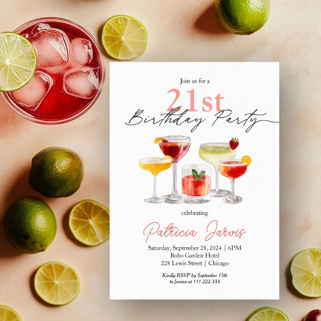 Aquareller Cocktail 21. Geburtstag Party Einladung (Von Creator hochgeladen)