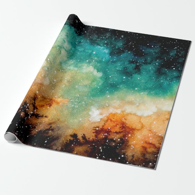 Aquareller Gelber Nebel, Sterne und Dunkle Farbe Geschenkpapier (Ungerollt)