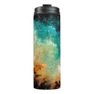 Aquareller Gelber Nebel, Sterne und Dunkle Farbe Thermosbecher