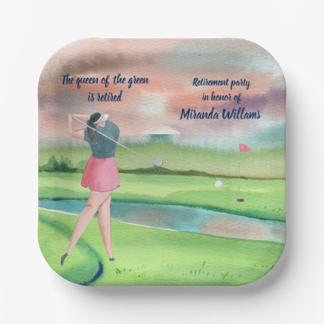 Aquareller Golf Woman auf dem Grünen Pappteller (Vorderseite)