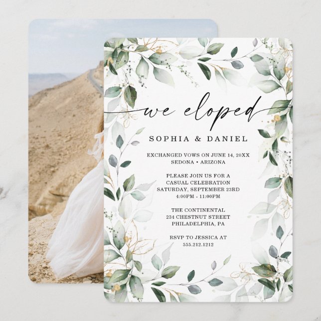 Aquareller Grüne Goldene Elopement Feier Einladung (Vorne/Hinten)