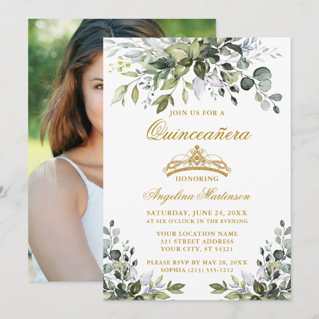 Aquareller Grünpflanzen Quinceañera Gold Foto Zurü Einladung (Vorne/Hinten)