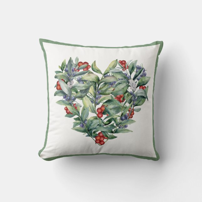Aquareller Herz Berries Grüne Kissen (Vorderseite)