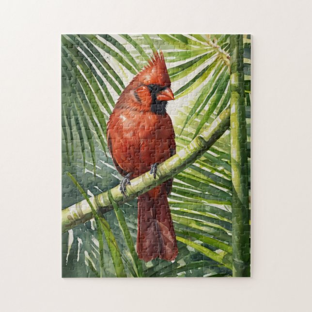 Aquareller Kardinal in einer Palme (Vertikal)