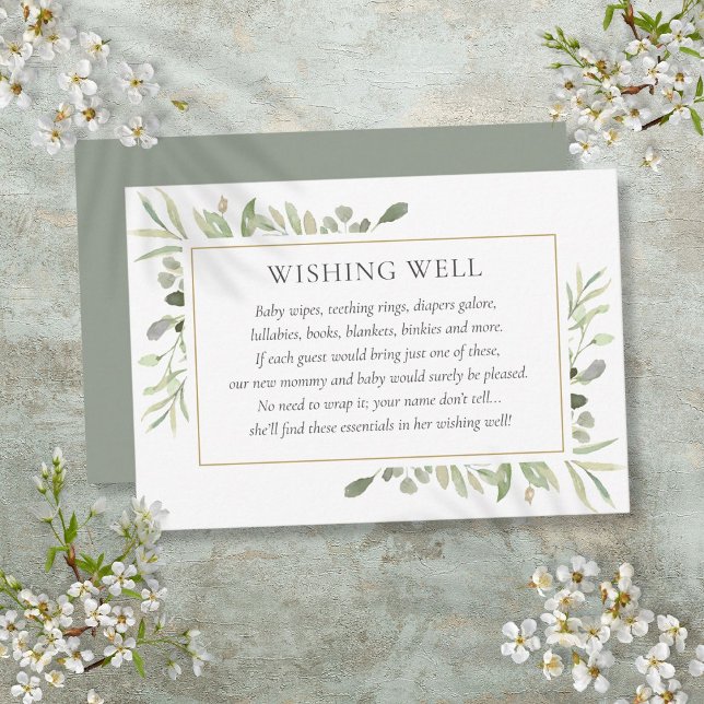 Aquareller Kinderdusche wünschenswert Begleitkarte (Watercolor Greenery Baby Shower Wishing Well Enclosure Card)
