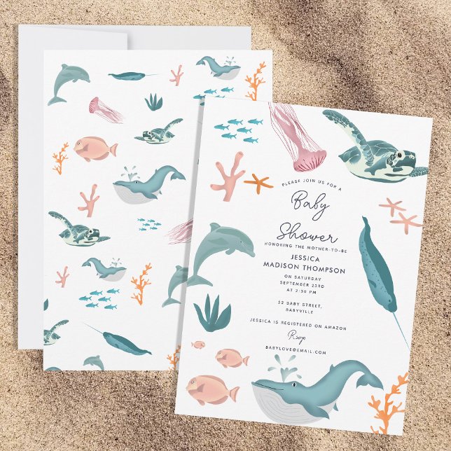 Aquareller Meerestiere Kinderdusche Einladung (Watercolor Ocean Sea Animals Baby Shower Invitation)