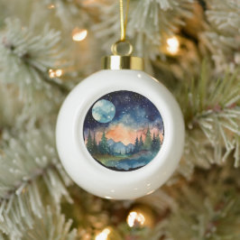 Aquareller Nachthemd im Wald mit Vollmond Keramik Kugel-Ornament