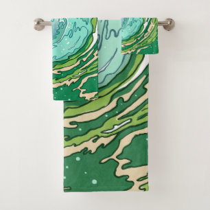 Aquareller Olivenwald Grüne Aquamarine Meereswelle Badhandtuch Set