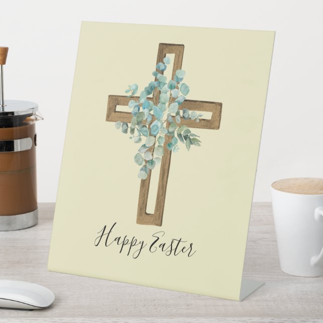 Aquareller Oster Rustikales Kreuz und Eukalyptus Sockelschild (In Situ)