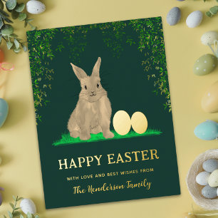 Aquareller Osterhase und Eier Grünes Gold Folien Feiertagspostkarte