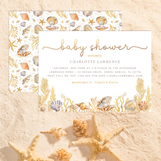 Aquareller Ozean Kleine Pearl Baby Dusche Einladung (Beach Baby Shower Invitation)