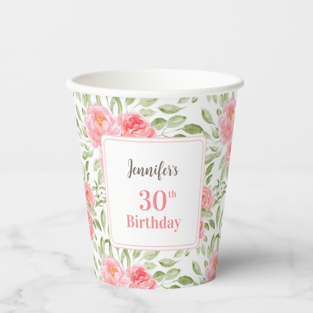Aquareller Peony Floral Peach 30. Geburtstag Pappbecher (Vorderseite)