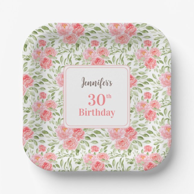 Aquareller Peony Floral Peach 30. Geburtstag Pappteller (Vorderseite)