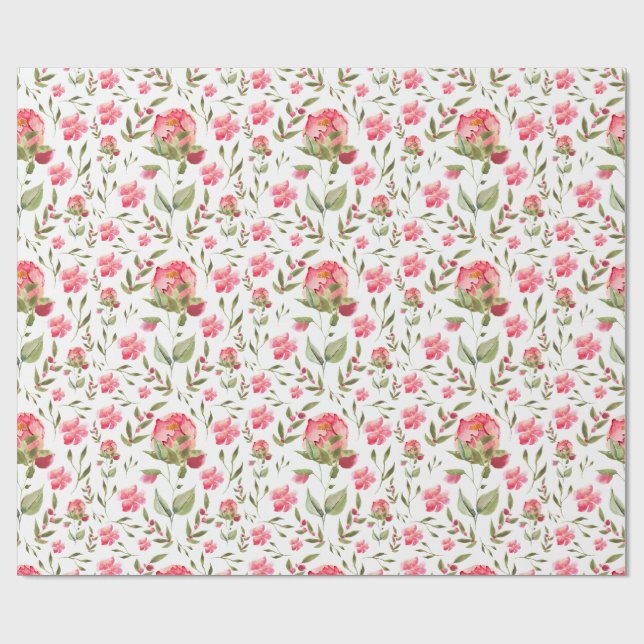 Aquareller Peony Floral - Rosa und Grün Geschenkpapier (Flach)