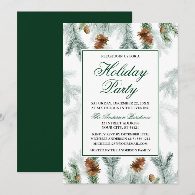 Aquareller Pine Cones Holiday Party Einladung (Vorne/Hinten)