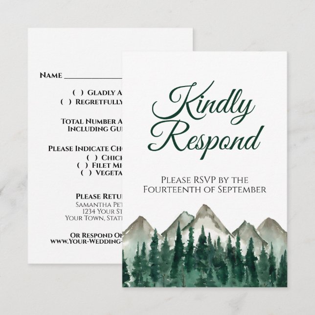Aquareller Pinienwald Bitte beachten Hochzeit RSVP Karte (Vorne/Hinten)