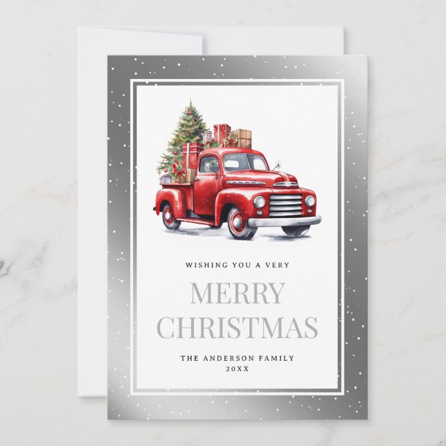 Aquareller Red Truck Silver Snowy Weihnachten (Vorderseite)