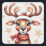 Aquareller Rentier Snowy Christmas Square Sticker<br><div class="desc">Machen Sie Ihre Ferienzeit noch zauberhafter mit unserem Aquareller Weihnachtsrentiersticker. Dieses bezaubernde Design erfasst das Wesen der Ferien in jedem Pinselstrich, mit einem niedlichen und fröhlichen Rentier, der einen roten Schal und eine Weihnachtsmannmütze verbindet. Dieses skurrile Rentierdesign eignet sich perfekt für die Geschenkverpackung und vermittelt Ihren Lieben Ihre wärmsten Wünsche....</div>