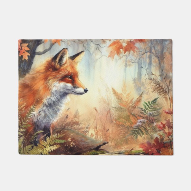 Aquareller Roter Fuchs Herbst Farbe Natur Fußmatte (Vorderseite)