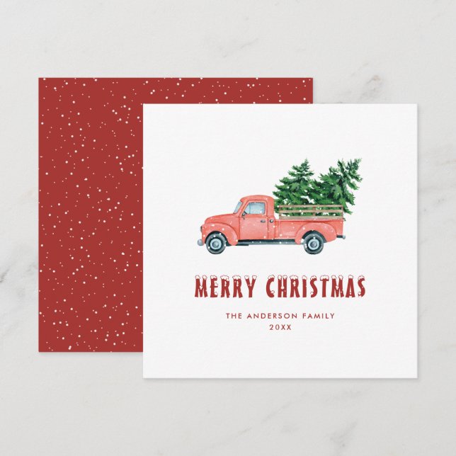 Aquareller Roter LKW Frohe Weihnachtskarte Feiertagskarte (Vorne/Hinten)