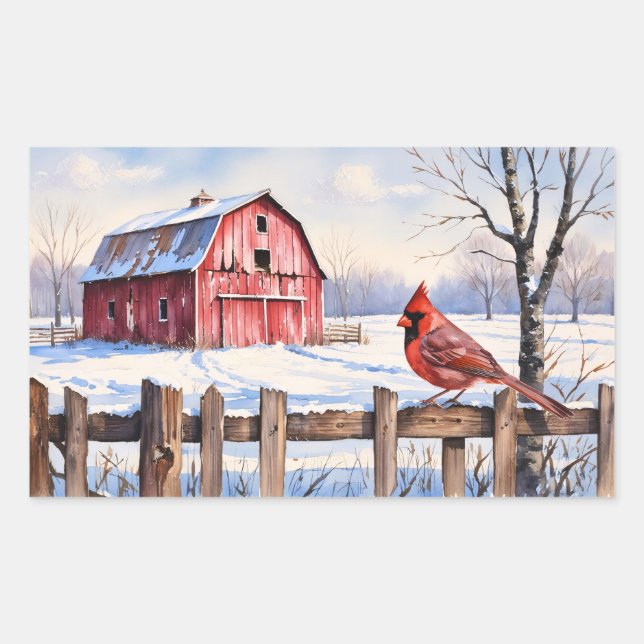 Aquareller Roter Stall und Kardinal Winter Rechteckiger Aufkleber (Vorderseite)