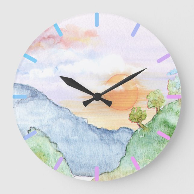 Aquareller Sonnenuntergang über Berge und Bäume  Große Wanduhr (Vorderseite)