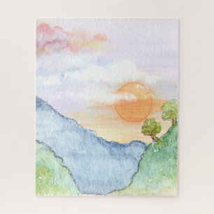 Aquareller Sonnenuntergang über Gebirge und Bäume