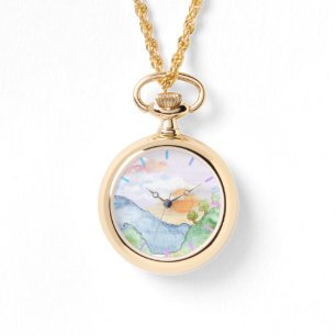 Aquareller Sonnenuntergang über Gebirge und Bäume Armbanduhr