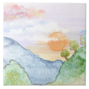 Aquareller Sonnenuntergang über Gebirge und Bäume Fliese