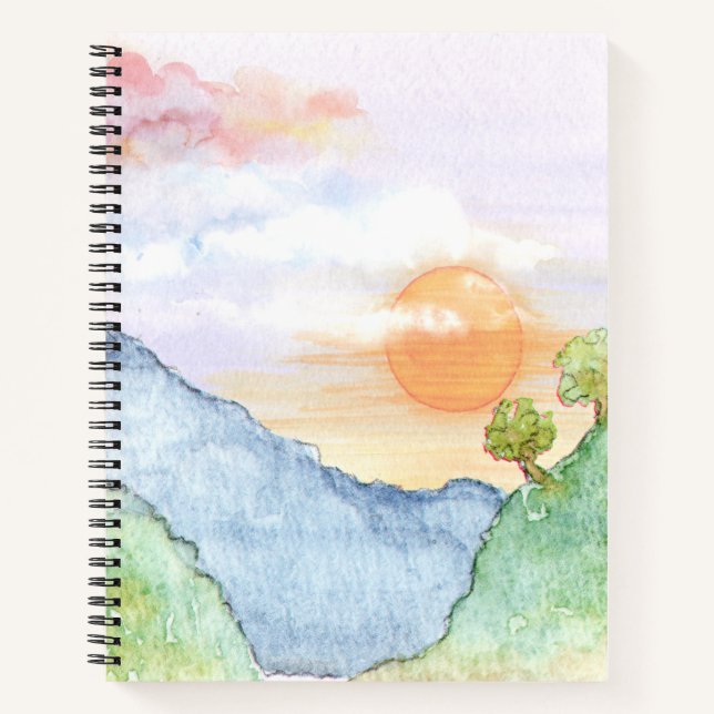 Aquareller Sonnenuntergang über Gebirge und Bäume Notizbuch (Vorderseite)
