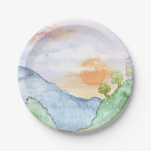 Aquareller Sonnenuntergang über Gebirge und Bäume Pappteller